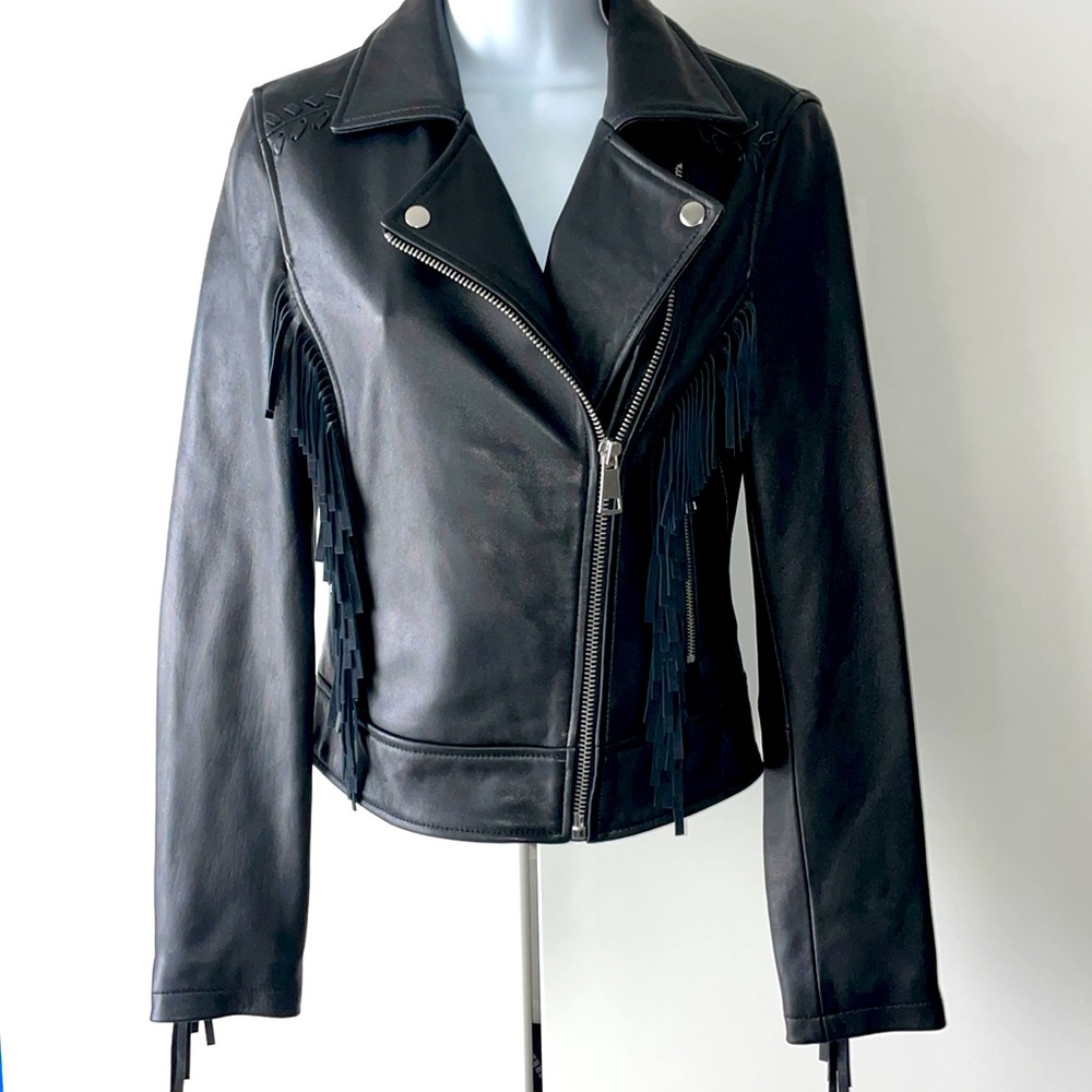 NWT Amaryllis black genuine leather fringe moto jacket xs
